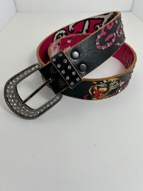 Ed Hardy Y2K Reversible Rhinestone Studded Leather Belt